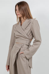 Cropped Structured Woven Blazer W Self Wrap Belt
